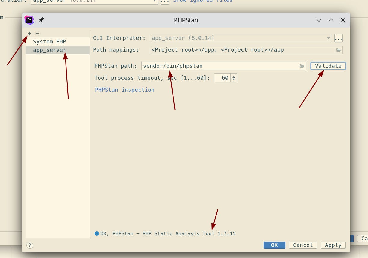 Configure the PHPStan path inside the Docker container and validate that PHPStan is found.