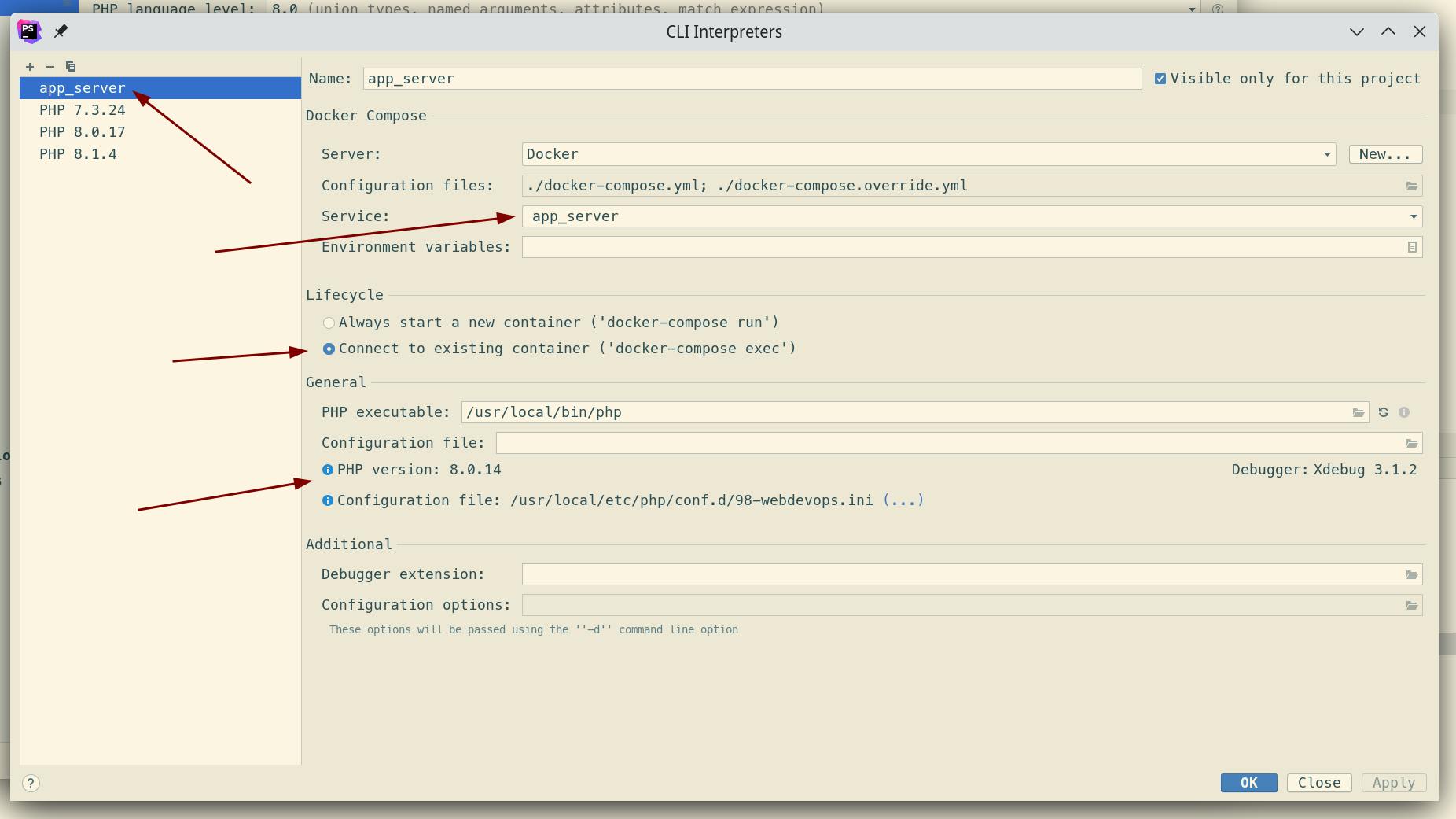 Picture shows the CLI Interpreter configuration for PHP Docker Container.