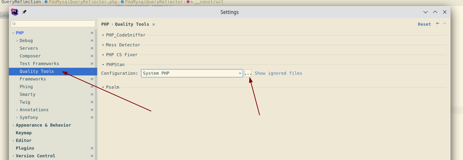 Create a new configuration for PHPStan in Quality Tools settings.