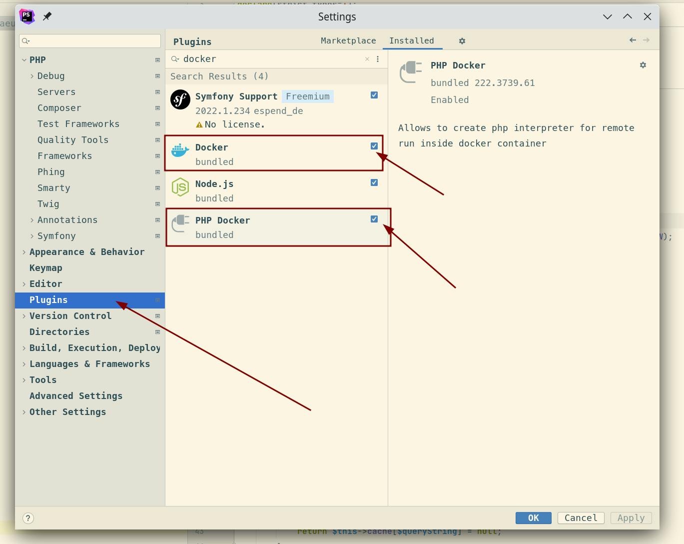 Screens shows needed plugins for docker and php CLI Interpreter configuration