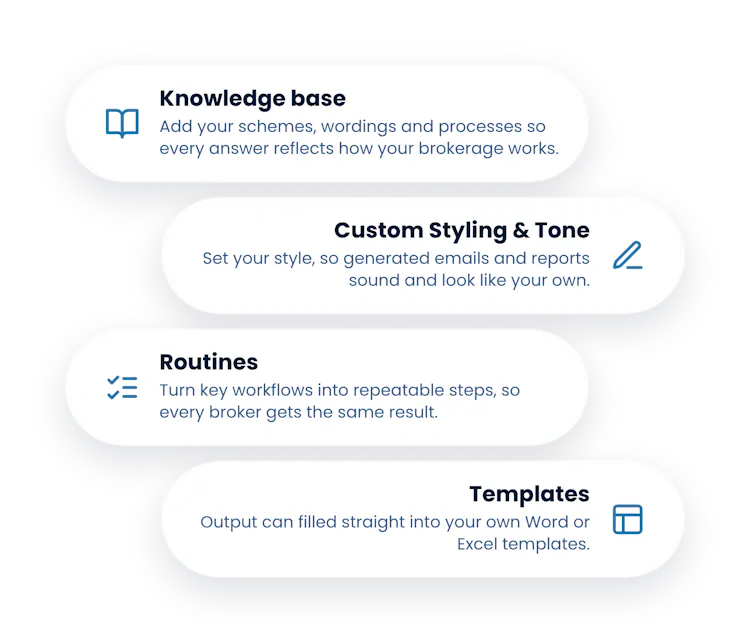 AI Assistant key features: knowledge base, custom styling and tone, routines and templates
