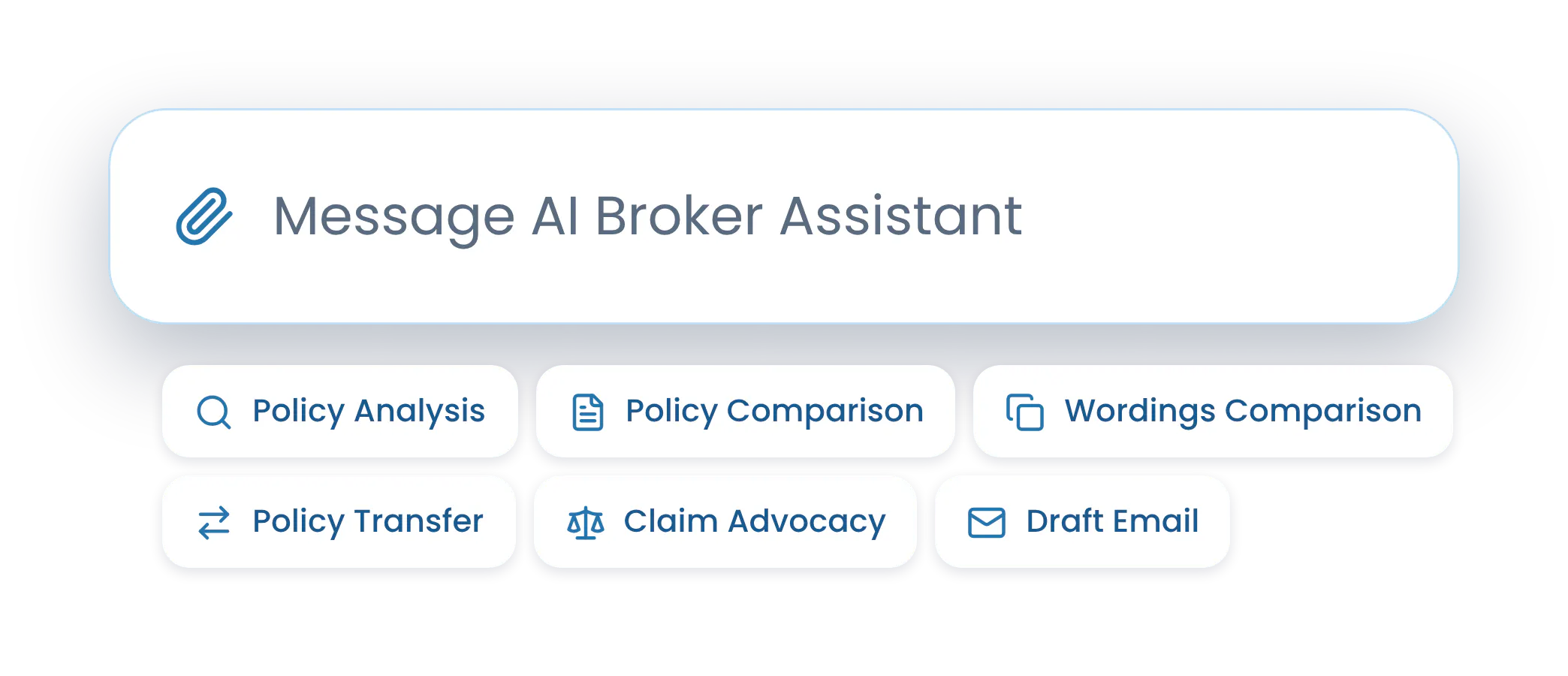 AI Broker Assistant chat bar with routines for policy analysis, comparisons, claims and emails