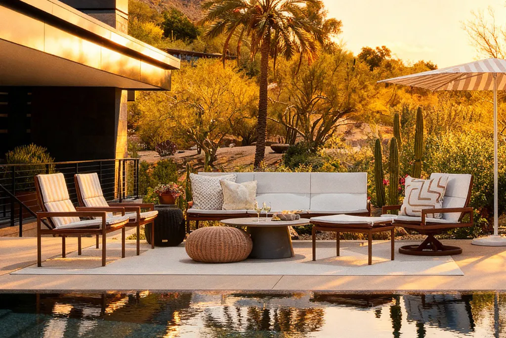 Sonora furniture poolside in golden light.