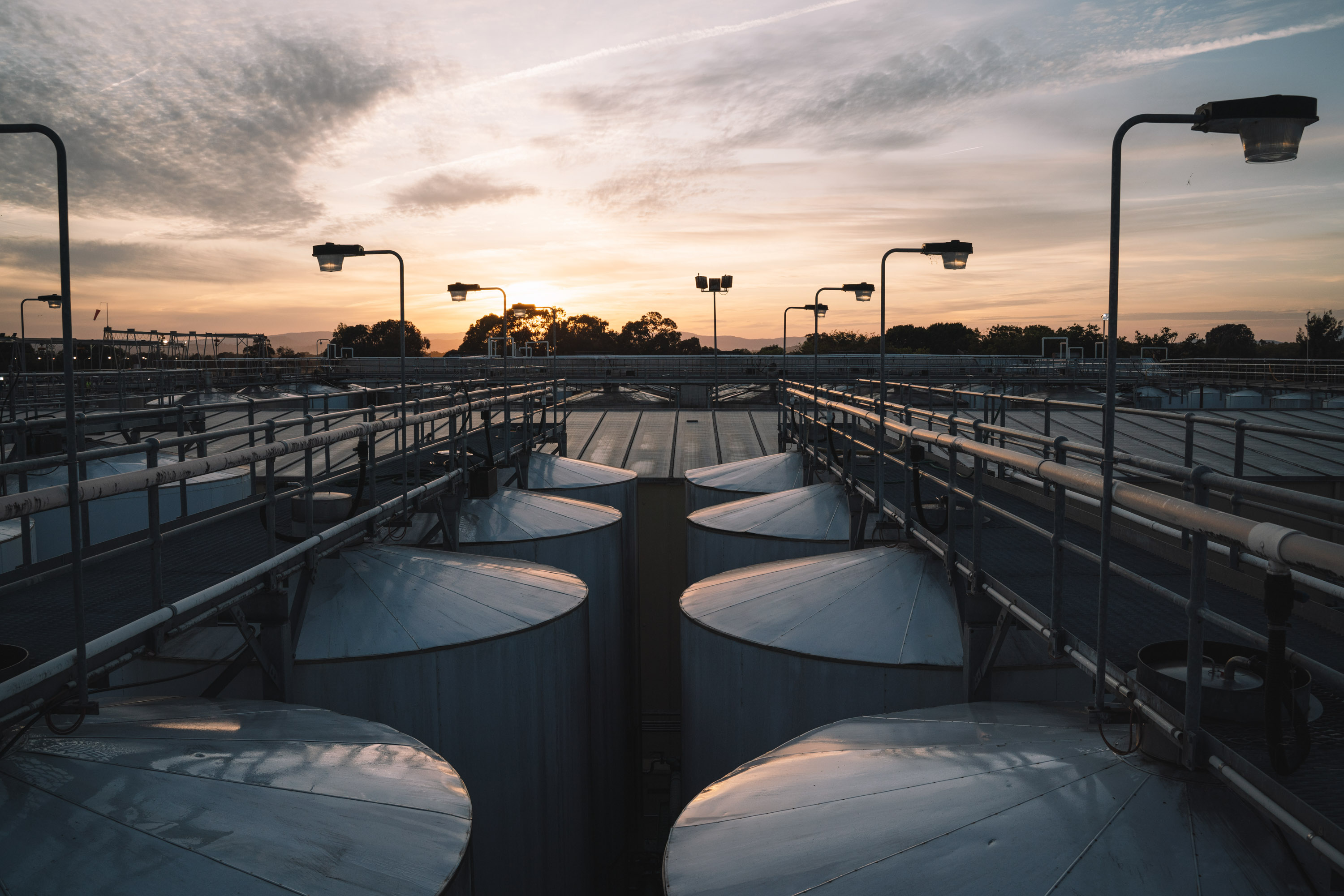 Tanks of wine at dusk at Brown Brothers winery