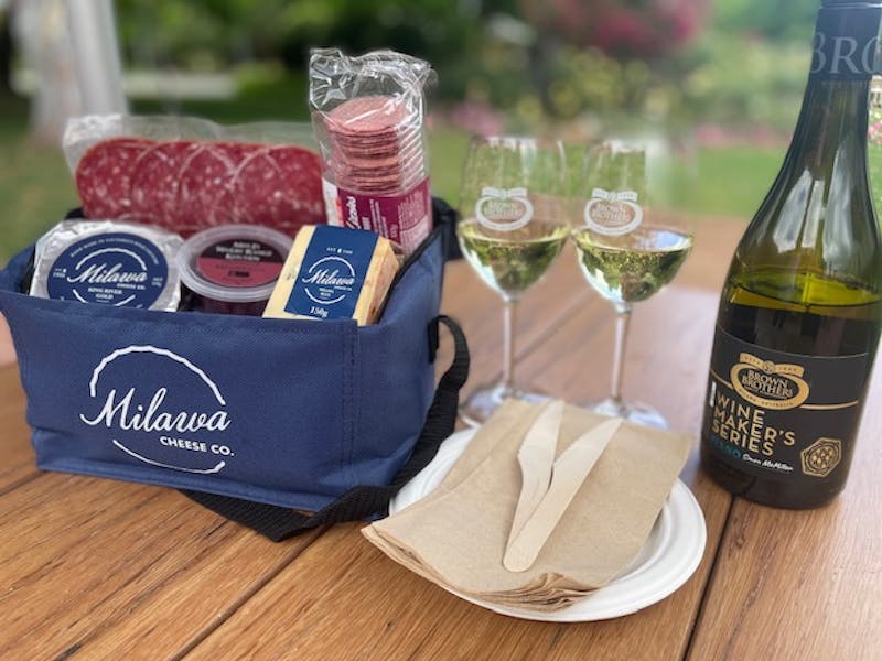 Milawa cheese grazing pack with wine, cheese, crackers and cold meats