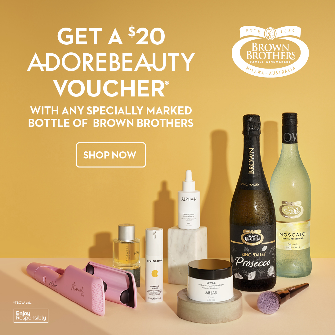 Adore Beauty Promotional Banner featuring a number of beauty products and Brown Brothers Prosecco and Moscato