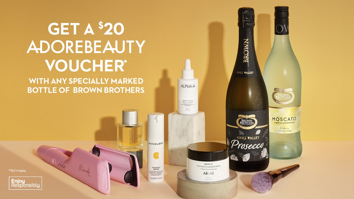 Adore Beauty Promotional Banner featuring a number of beauty products and Brown Brothers Prosecco and Moscato
