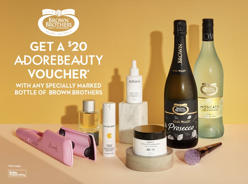 Adore Beauty Promotional Banner featuring a number of beauty products and Brown Brothers Prosecco and Moscato