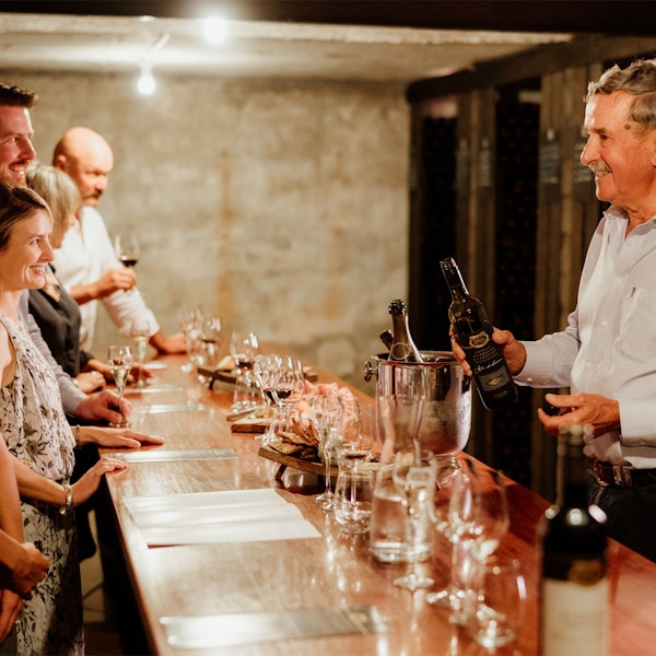 Group of friends enjoying private tasting in Family Cellar
