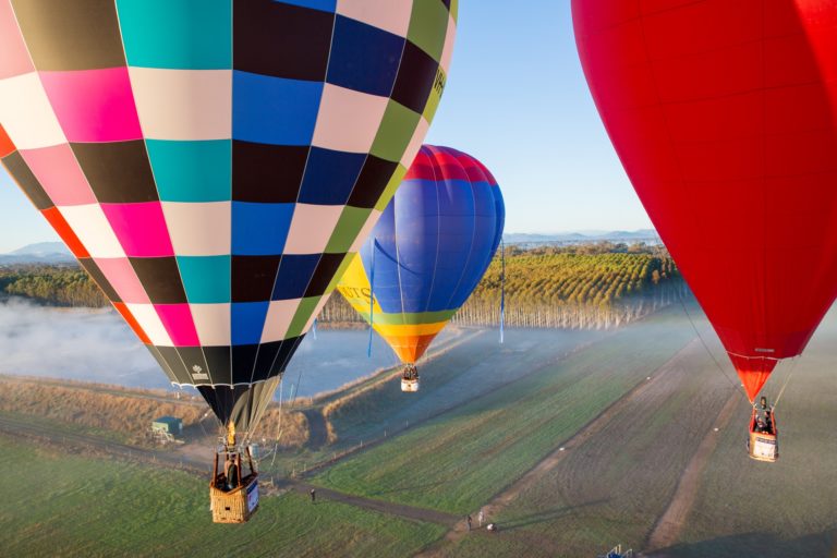 Hot air balloons floating over Brown Brothers Winery