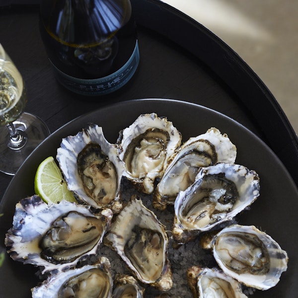 A plate of oysters with Pirie sparkling wine