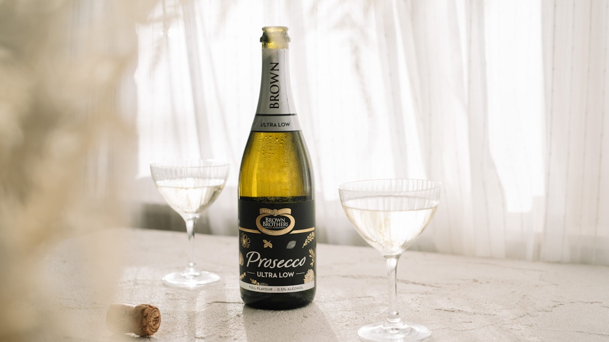 Brown Brothers Prosecco Ultra Low and two glasses of sparkling