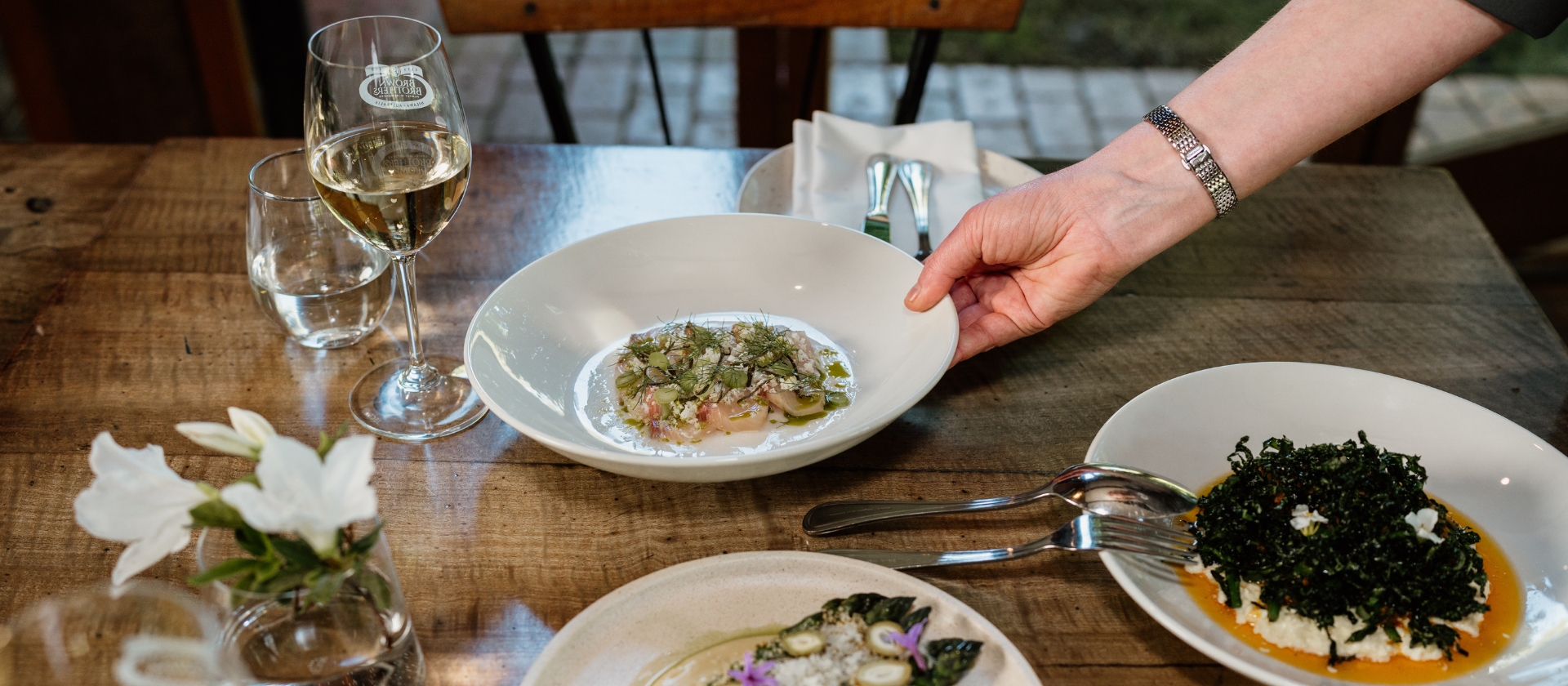 Food and wine being served 