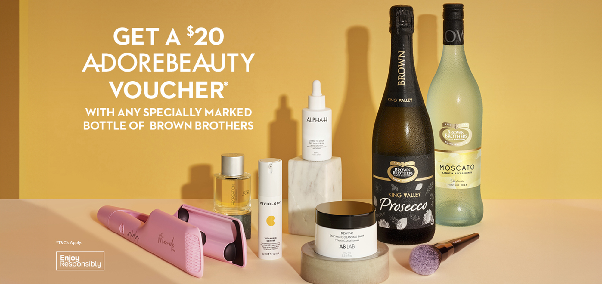 Adore Beauty Promotional Banner featuring a number of beauty products and Brown Brothers Prosecco and Moscato