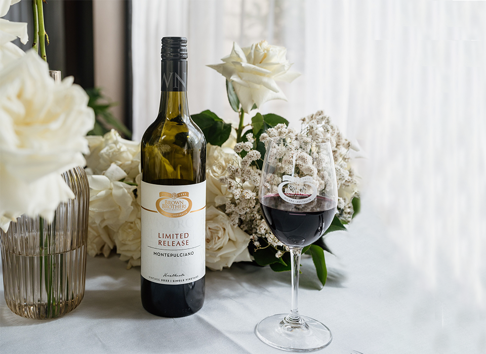 bottle of limited release montepulciano with white flowers