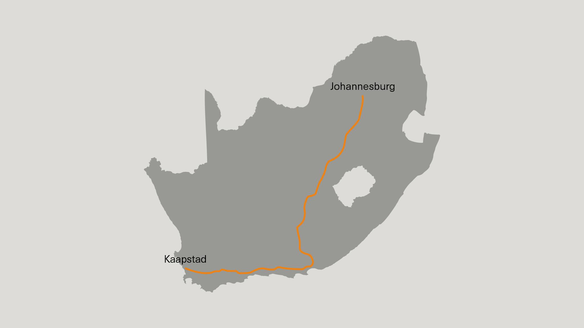 Route van de SASOL Solar Challenge, van Johannesburg naar Kaapstad