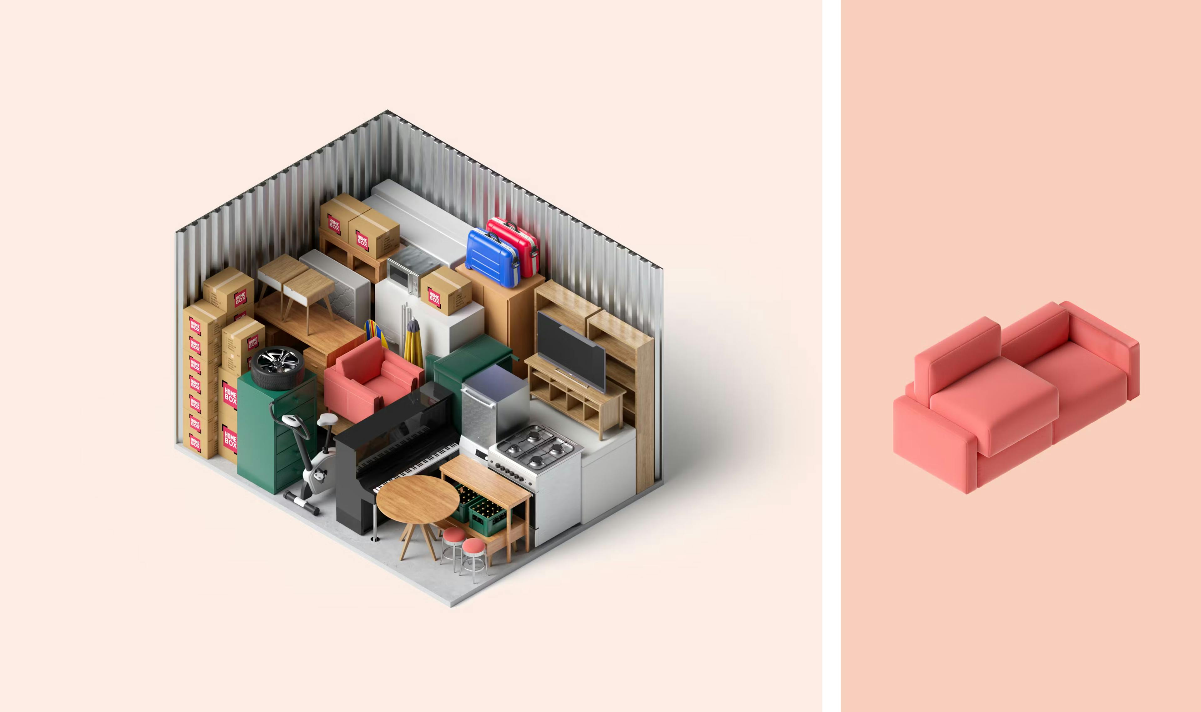 3D illustration storage and couch