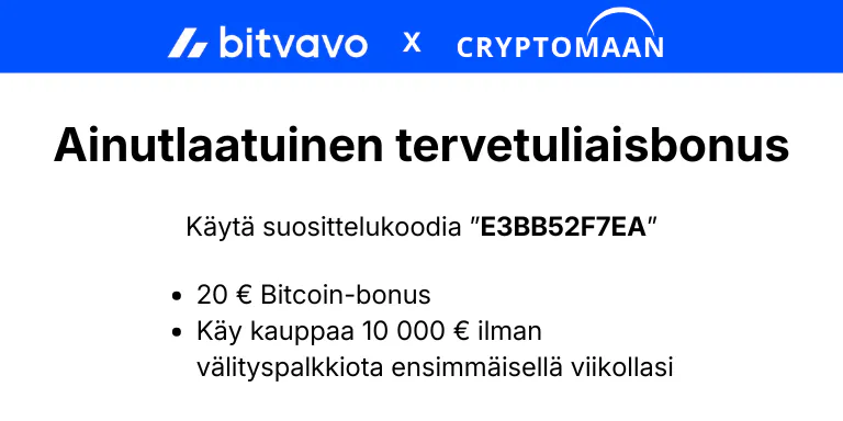 Bitvavo referral code 2026: E3BB52F7EA - €20 BTC suosituskoodi bonus (käytä E3BB52F7EA)