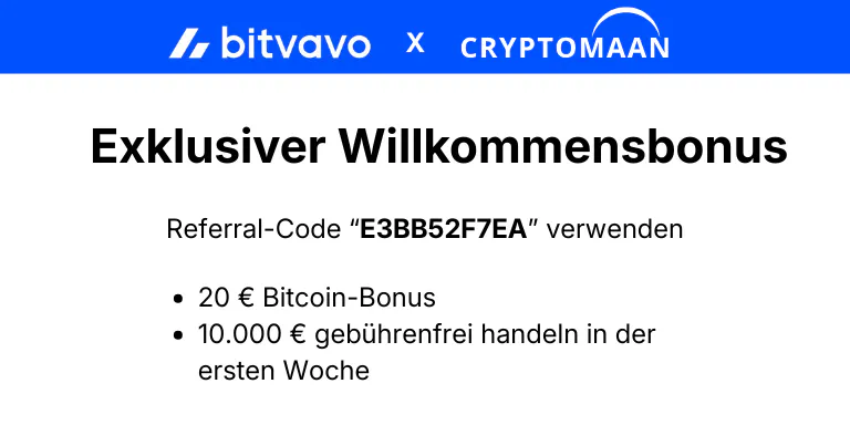 Bitvavo Willkommensbonus: 20 € Bitcoin mit empfehlungscode E3BB52F7EA