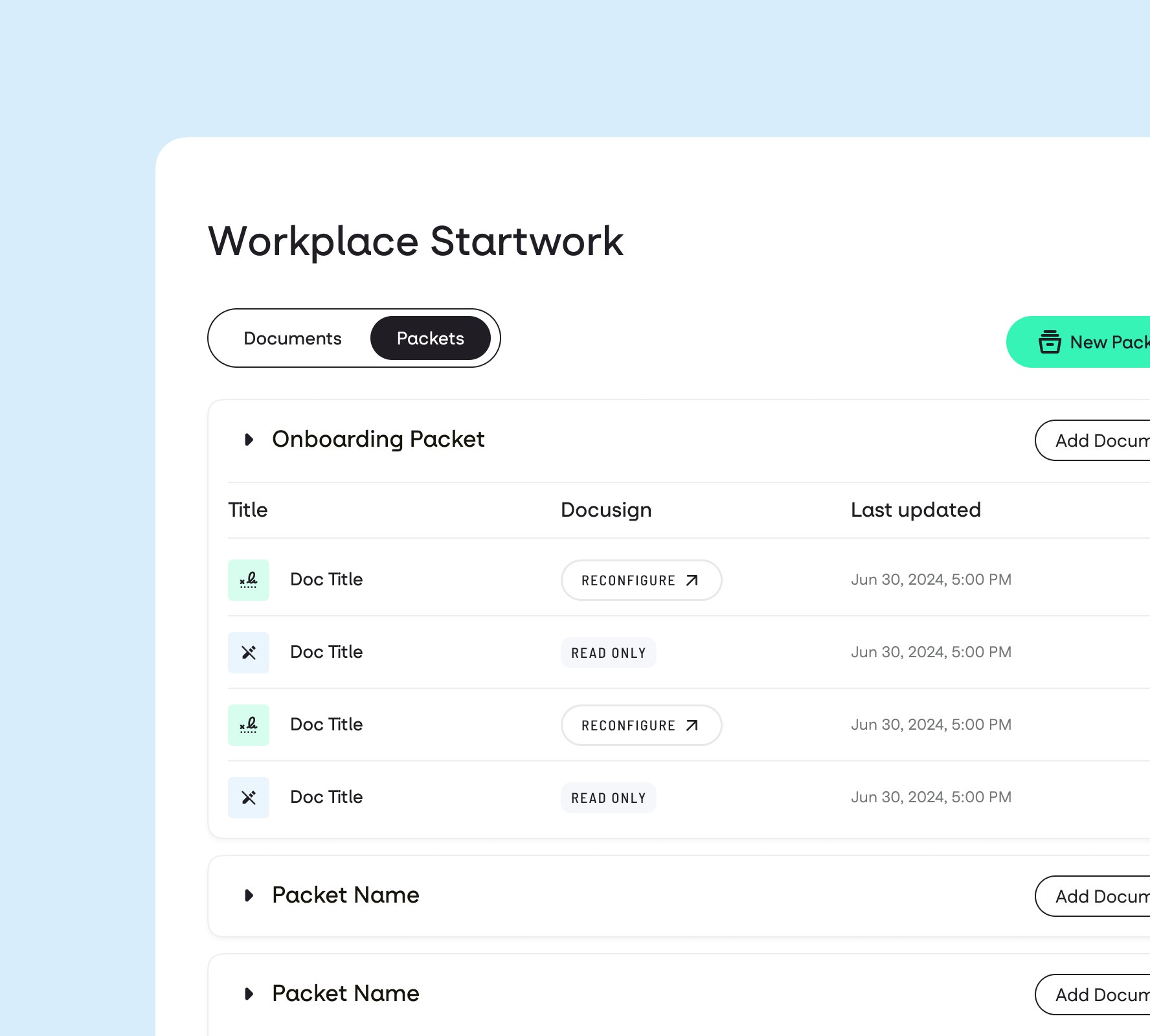 Simplified preview of start work management UI. Shows a list of user-customized packets composed of several start work documents.