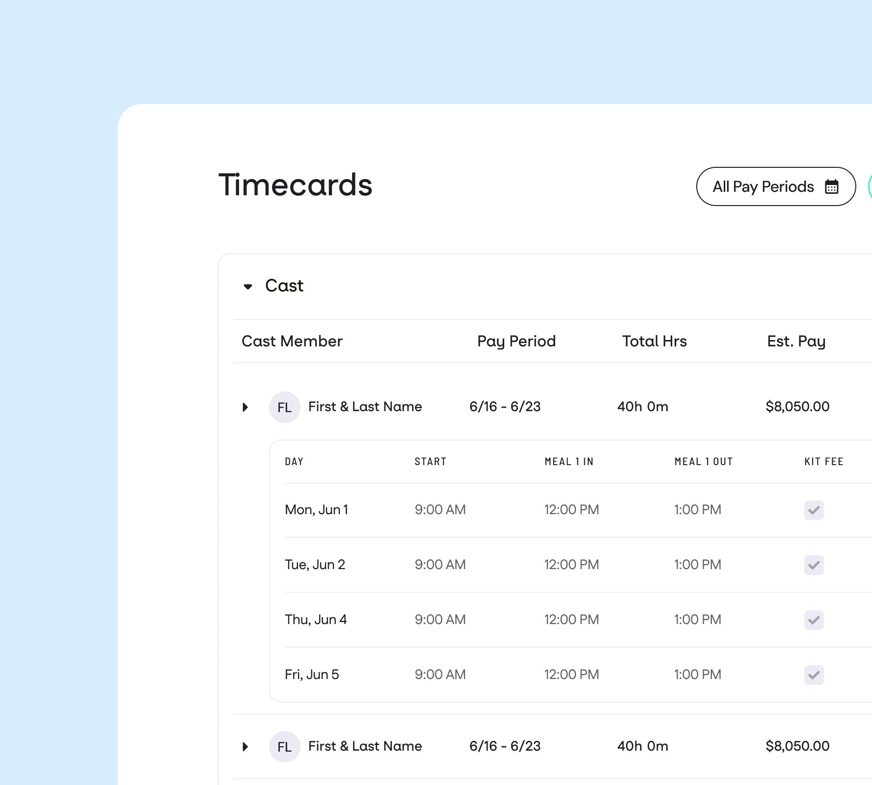 A simplified preview of the timecard management user interface displays a list of time cards submitted by cast and crew members.