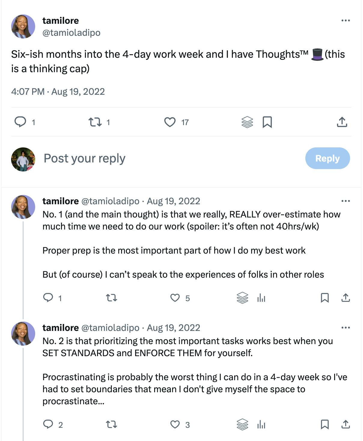 This Twitter thread covers Tami's thoughts on the 4-day workweek. 