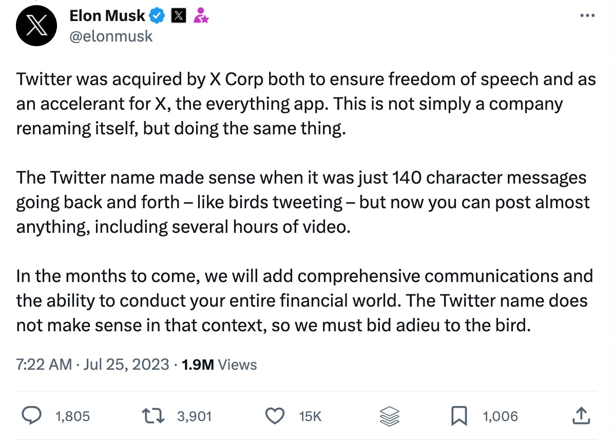 Screenshot of Elon Musk's tweet announcing why Twitter became X. 