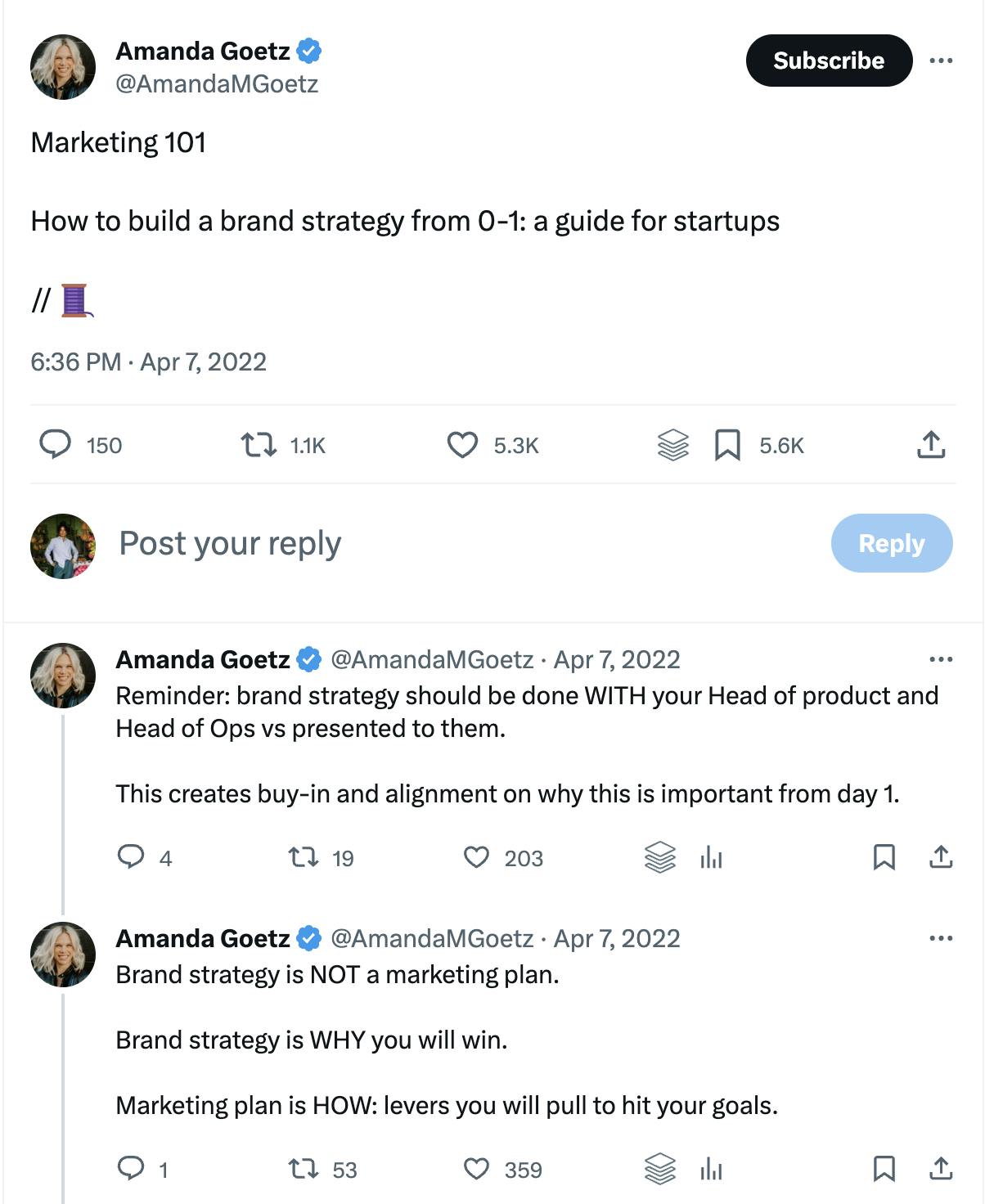 This Twitter thread covers how to build a brand strategy.