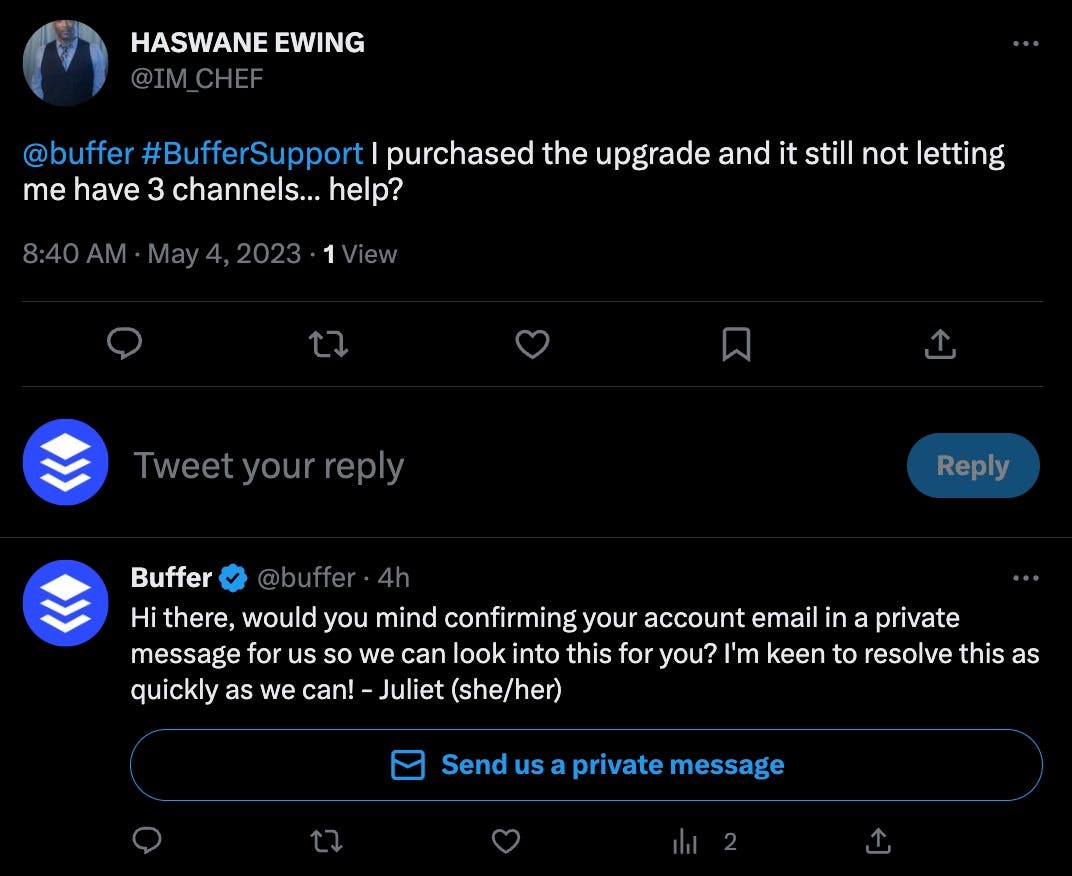 Screenshot of how Buffer responds to customer inquiries over DM