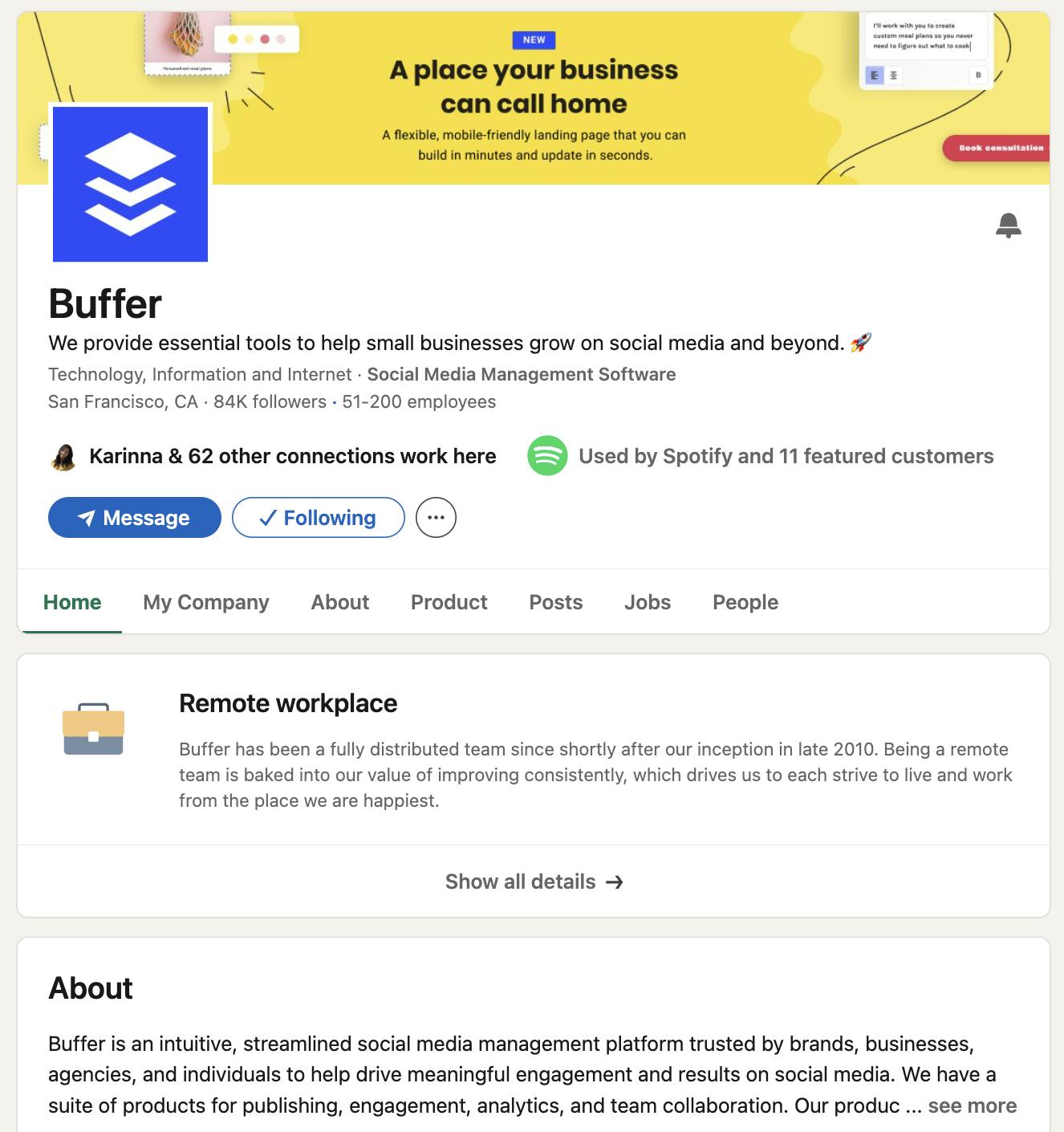Screenshot of Buffer's LinkedIn Company Page