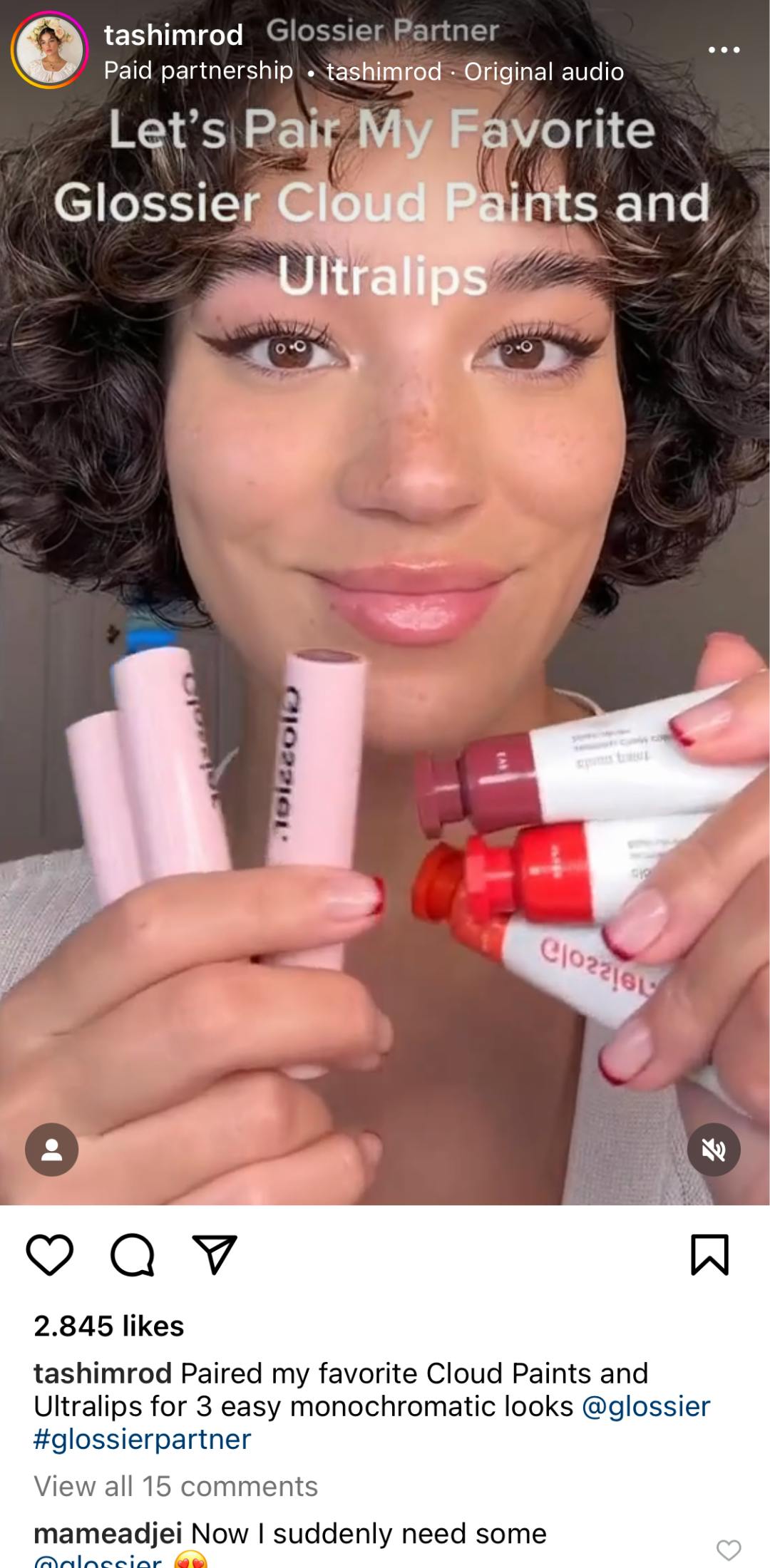 Screenshot of @tashimrod's sponsored post featuring Glossier products.