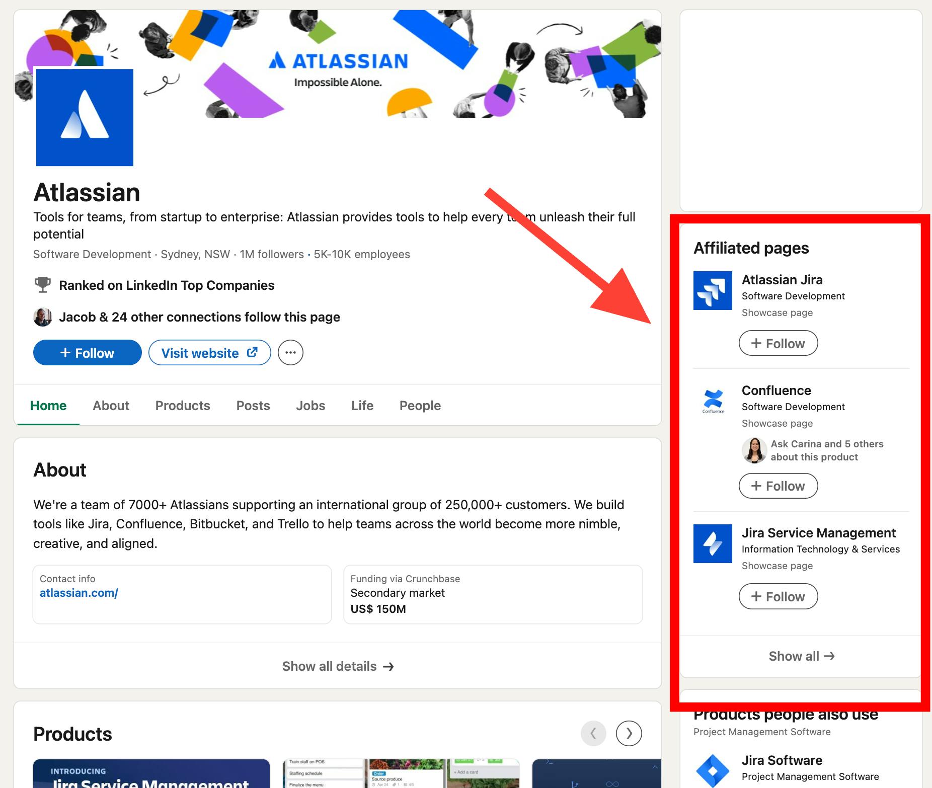 Screenshot of Atlassian's LinkedIn Showcase Pages