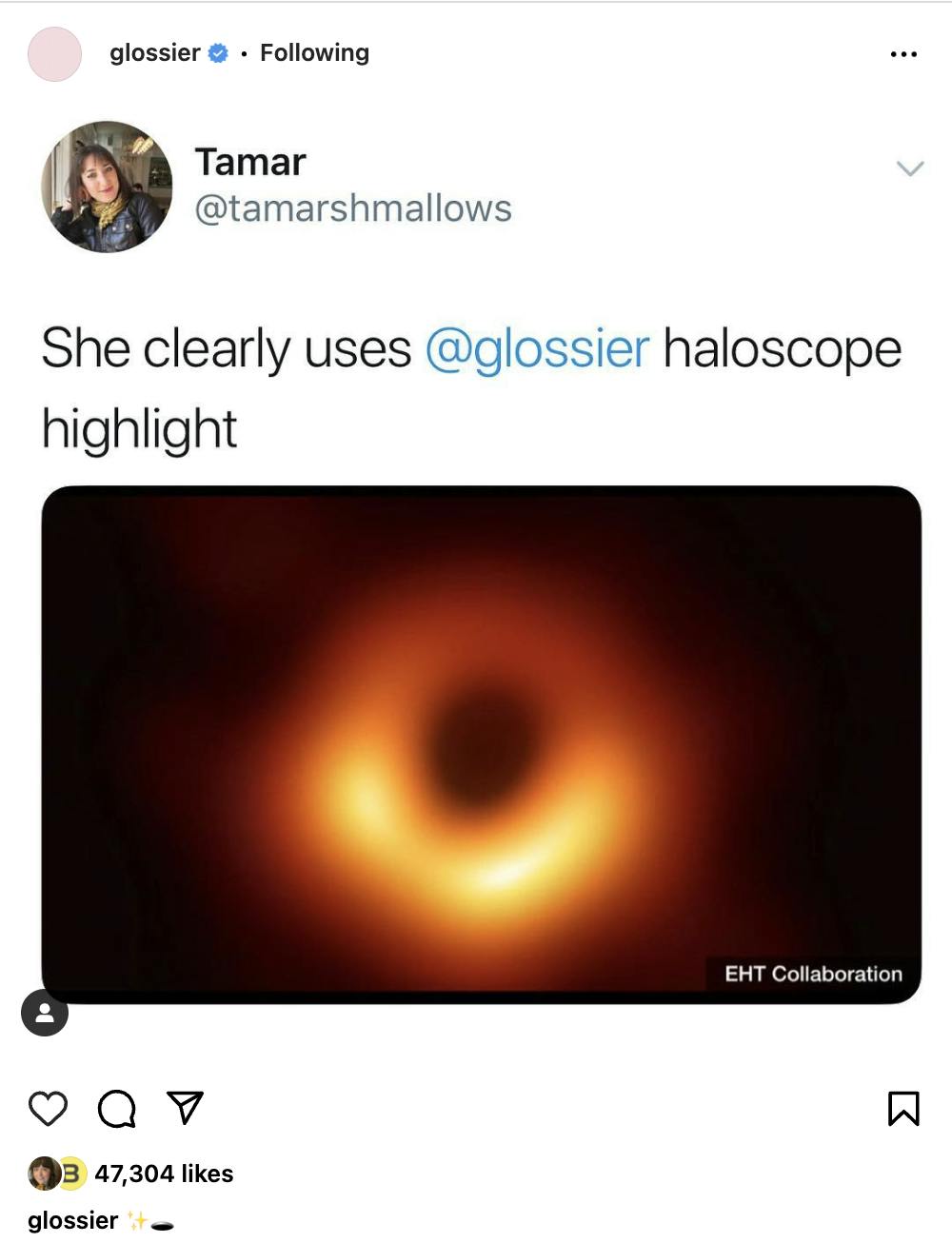 Screenshot of Glossier's Instagram post meme