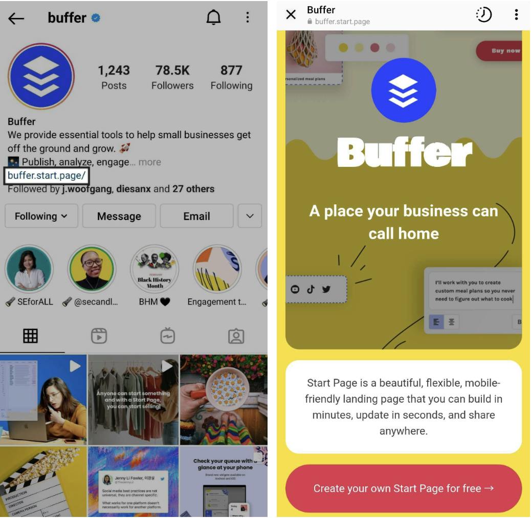 Buffer's Instagram link in bio