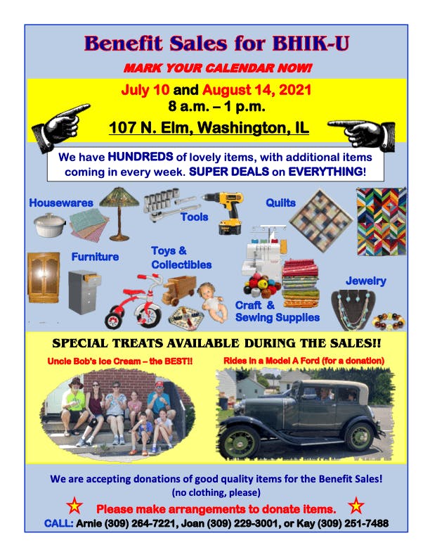 Flyer for the 2nd and third benefit sale
July 10 and Aug 14 2021 8am-1pm
