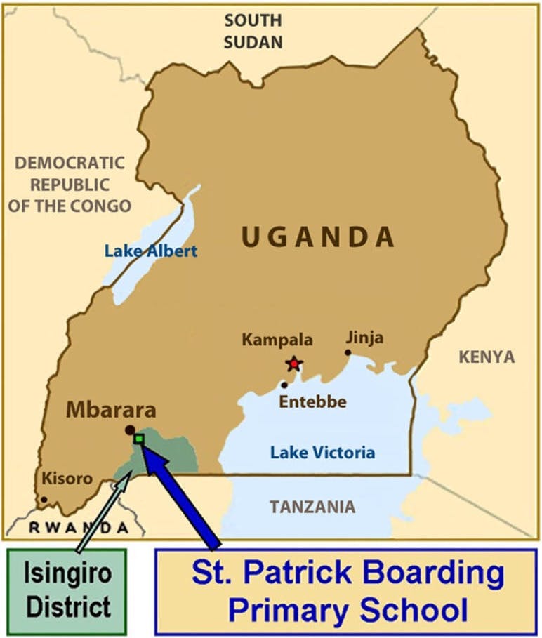 Map of Uganda showing where the St. Patrick Boarding Primary School is located.