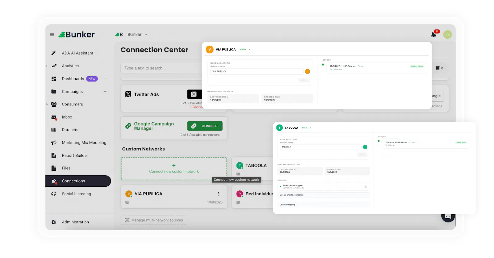 Sección Custom Networks del Connection Center de Bunker, con las redes VIA PUBLICA y TABOOLA conectadas y el panel de configuración mostrando la conexión a Google Sheets y el mapeo de columnas - BunkerDB