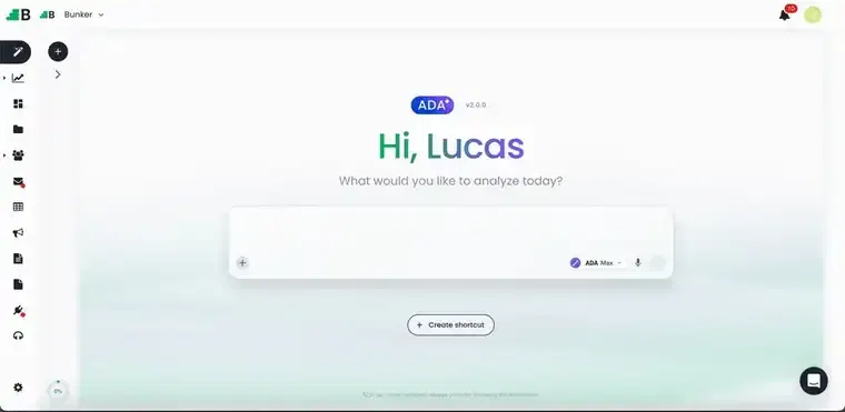 La home de Bunker Analytics con ADA dándote la bienvenida