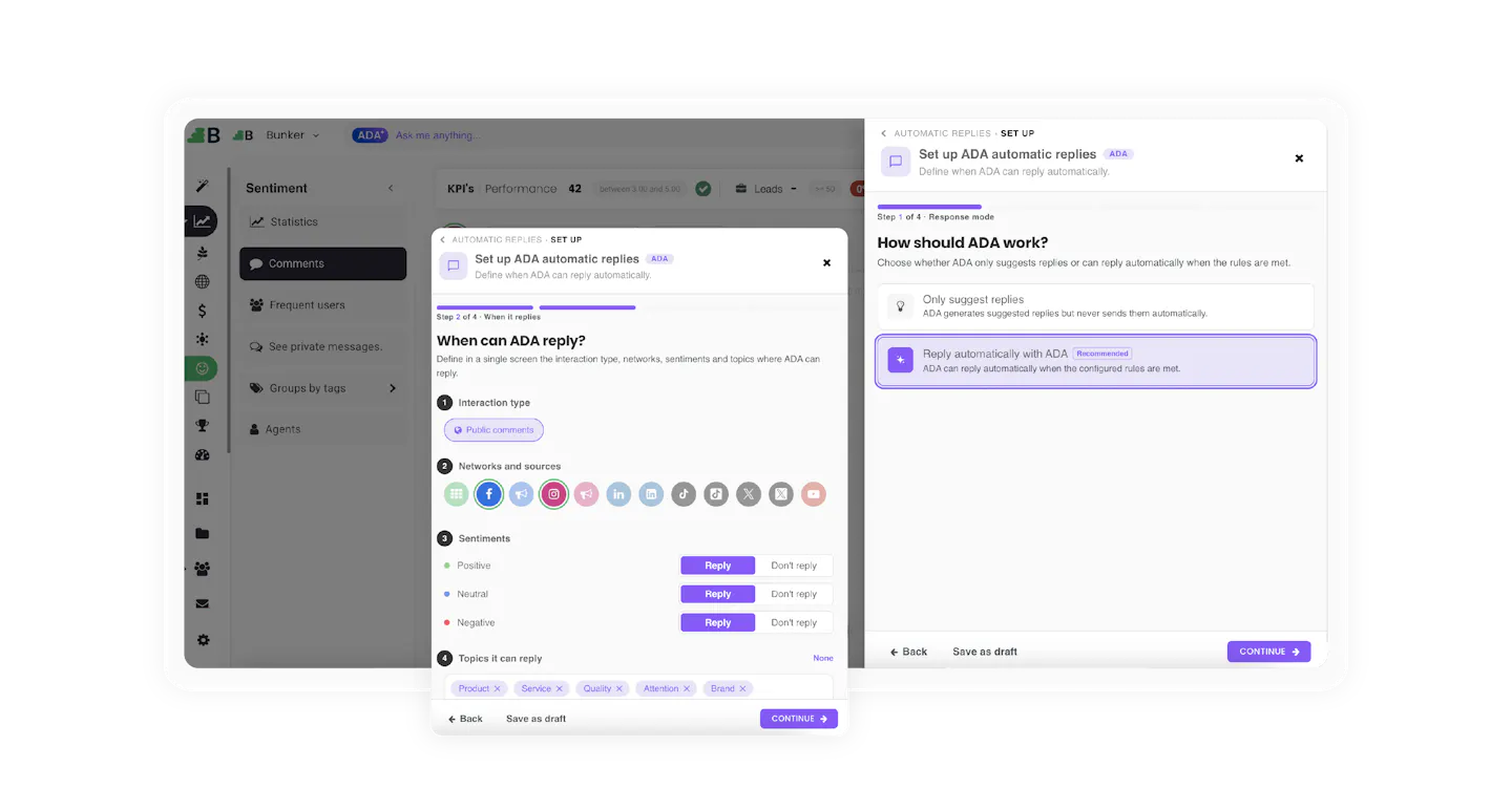 Asistente de configuración de las respuestas automáticas de ADA: el paso 1 permite elegir entre solo sugerir o responder automáticamente, y el paso 2 define tipo de interacción, redes, sentimientos y temáticas habilitadas - BunkerDB