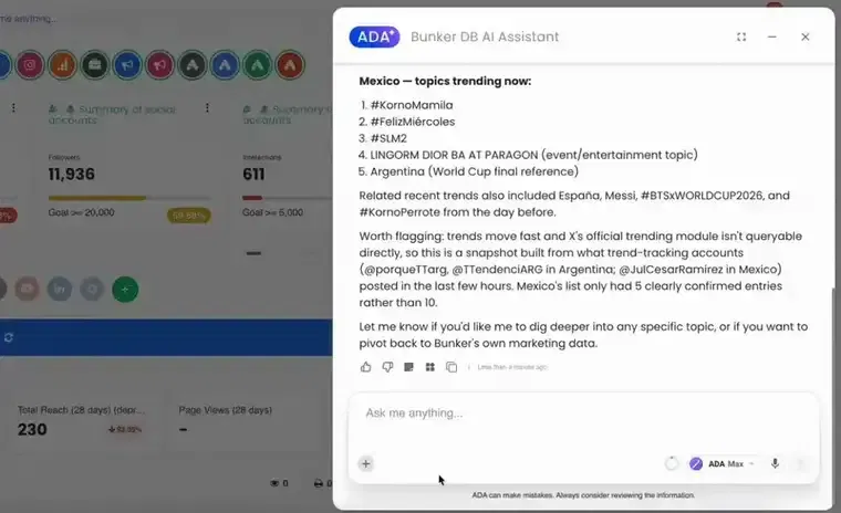 Demostración de ADA 2.0 en Bunker DB con varias conversaciones de análisis simultáneas