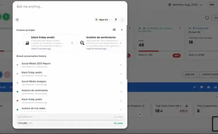 ADA 2.0 mostrando la selección de motor de IA (ADA Max, Pro o Flash) en Bunker DB