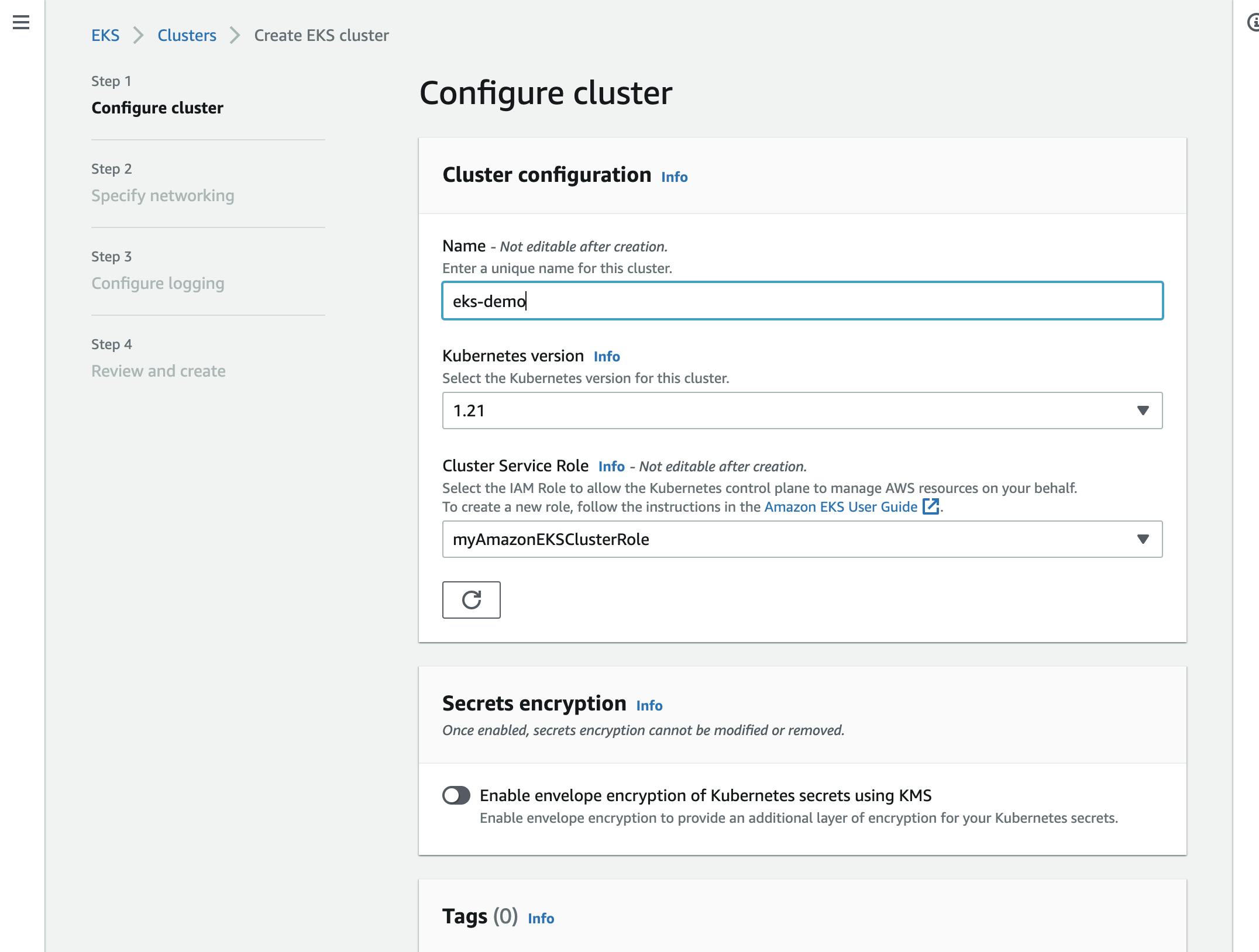 Figure 9: Amazon EKS - Configure cluster