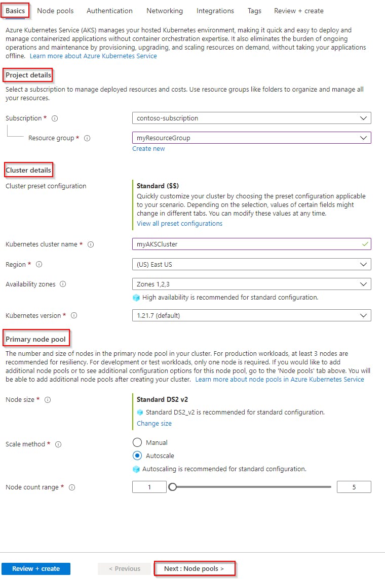 Figure 5: Create cluster basics in AKS (Source: Azure Docs)