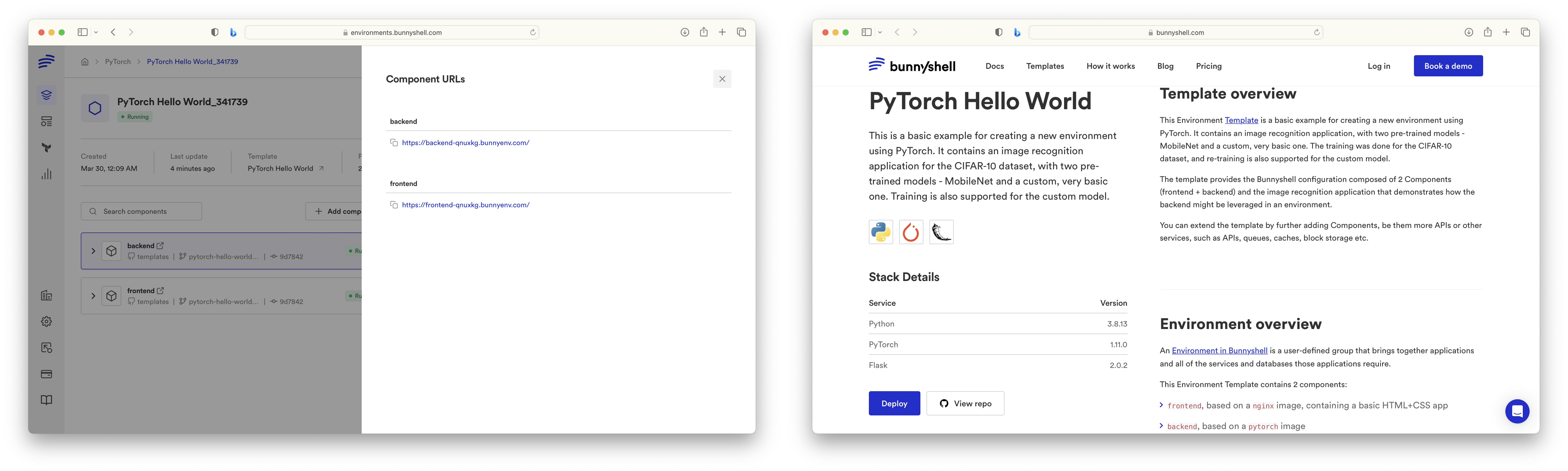 After the environment is ready, you can access the frontend component by clicking on the link provided in the ‘URLs’ section. SSL certificate has been automatically configured by Bunnyshell.