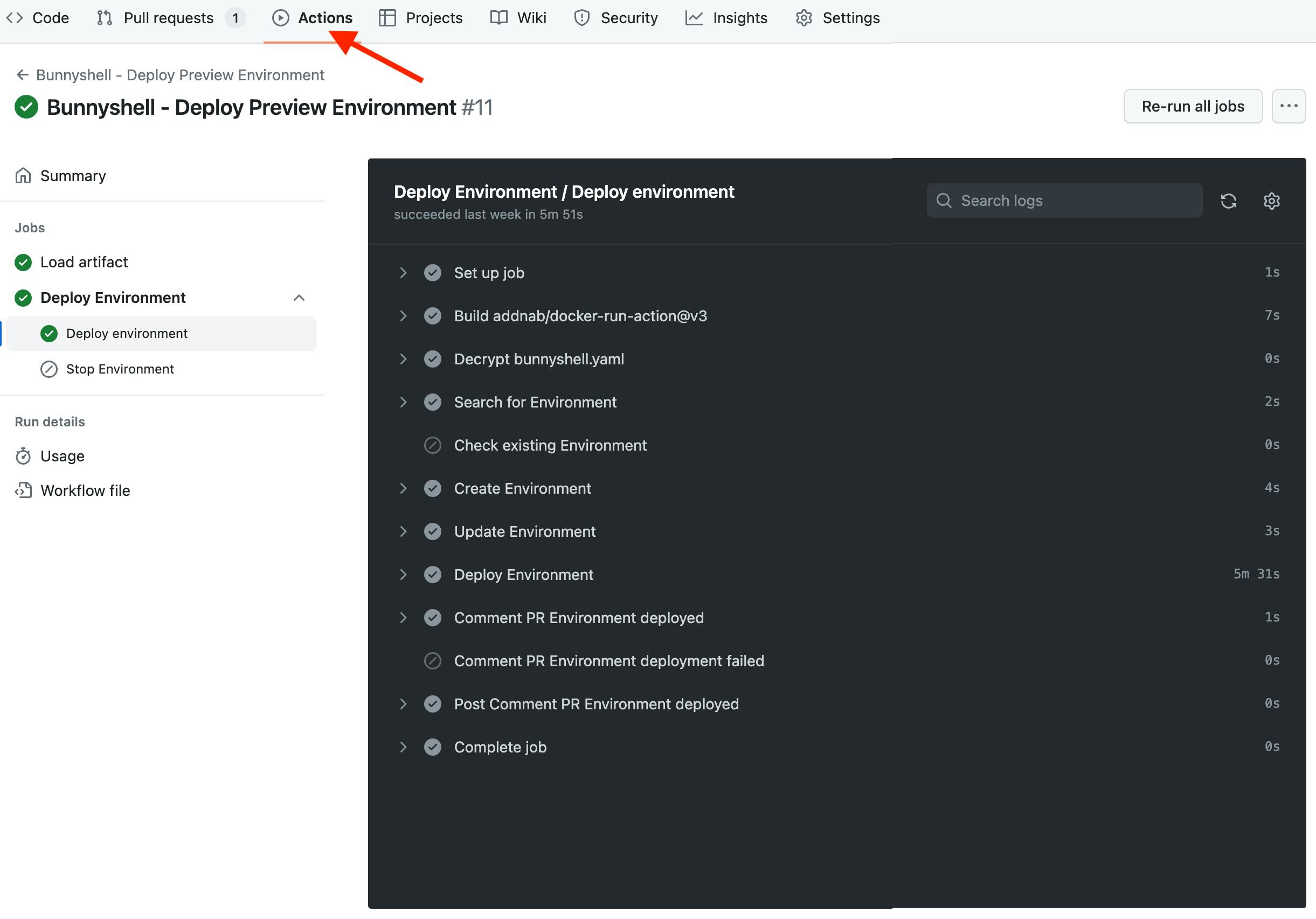 Github Actions dashboard with the workflows deployment logs.