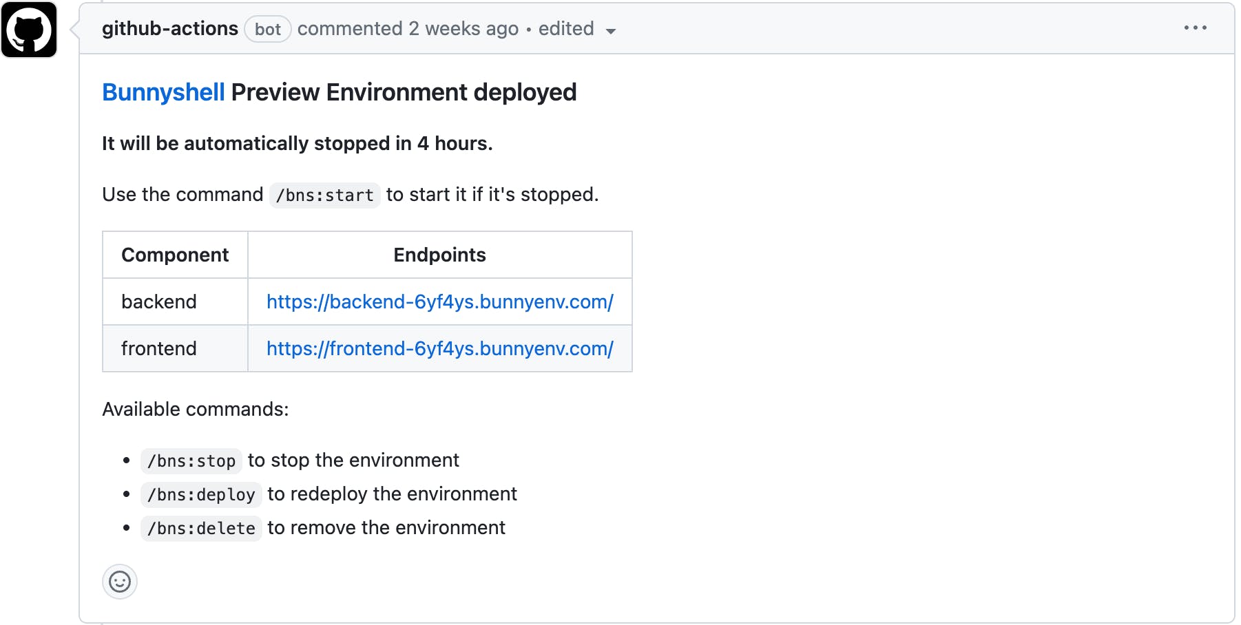 Github Actions commented with the live preview environment details.