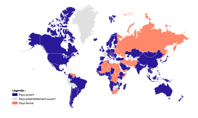 Carte du monde indiquant les pays ouverts au programme V.I.E 