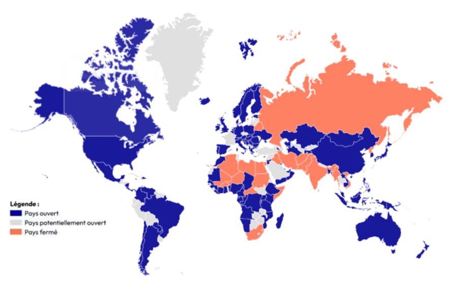 Map of countries open and closed to V.I.E program as of December 15, 2025