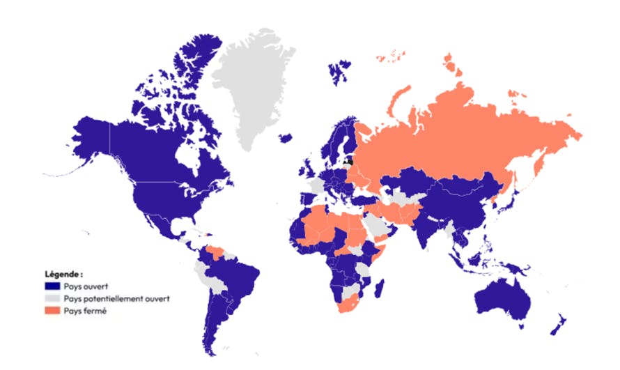 Carte des pays ouverts et fermés au V.I.E au 29/01/2023