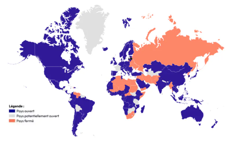 Carte des pays ouverts et fermés au V.I.E au 13/04/2026